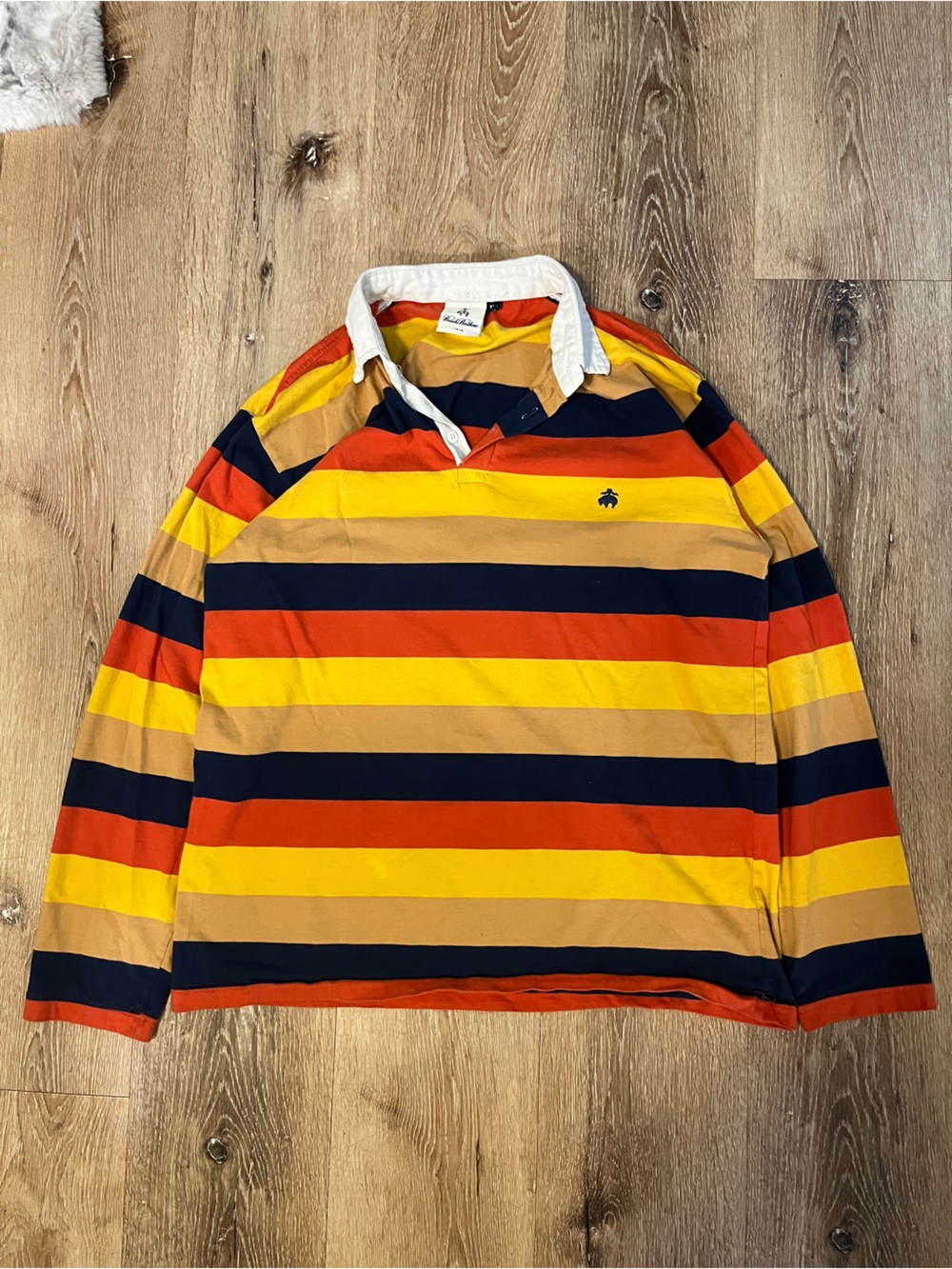 Brooks Brothers Striped Rugby Polo in Yellow, Navy, Red, and Tan
